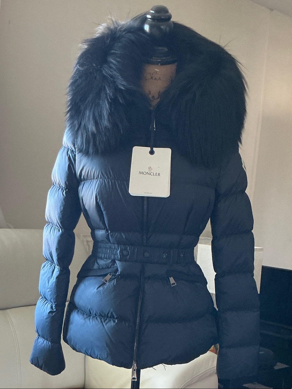 Moncler Women's Navy Quilted Puffer Jacket with Fur Collar
